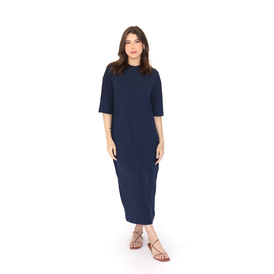 VESTIDO  BLUSÃO MIDI CANELADO M MARINHO